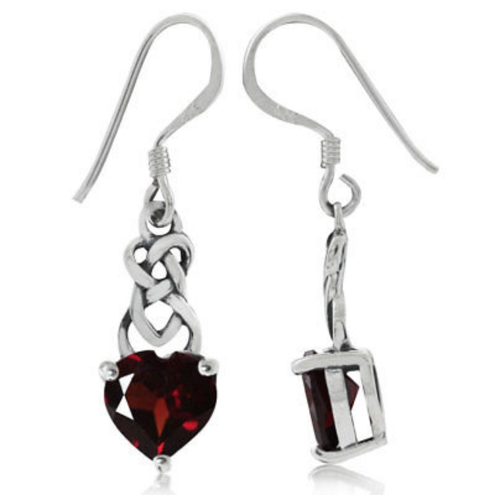 .925 Silver Celtic Knotwork Heart Garnet Earrings - Picture 3 of 8